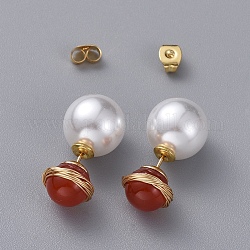 Natural Red Agate/Carnelian Ball Stud Earrings, with Acrylic Pearl Ear Nuts, Golden Plated 304 Stainless Steel Stud Earring Findings and Ear Nuts, 10~10.5mm, Pin: 0.6mm