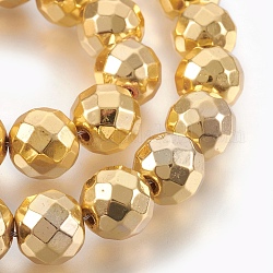 Electroplated Non-magnetic Synthetic Hematite Bead Strand, Round, Faceted, Golden Plated, 12x11mm, Hole: 1.6mm, about 35pcs/strand, 15.35 inch(39cm)