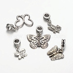 Ciondoli pendenti europei con farfalla in lega di stile tibetano misto, Ciondoli di grandi dimensioni, argento antico, 24~33x13~25mm, Foro: 5 mm