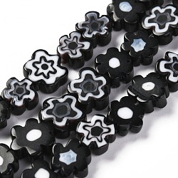 Chapelets de perle de millefiori en verre manuelles, fleur, noir, 6.4~9x3.2mm, Trou: 1mm, Environ 56 pcs/chapelet, 15.75'' (40 cm)