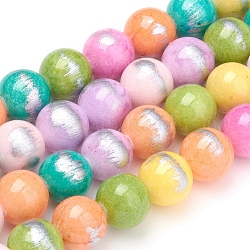 Chapelets de perles de jade naturel, couleur argent brossé, teinte, ronde, colorées, 12mm, Trou: 1mm, Environ 32 pcs/chapelet, 15.7 pouce (40 cm)