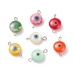 Natural Freshwater Shell Connector Charms, with Platinum Iron Double Loops, Flat Round with Evil Eye, Dyed, Mixed Color, 17x10x5mm, Hole: 1.8mm