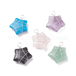 Natural & Synthetic Gemstone Pendants, with Copper Wire Wrapped, Star, Silver, 25~26x20~21x7.5~8mm, Hole: 3.5mm