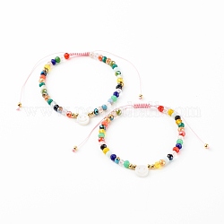 Bracelets de perles tressées en fil de nylon de verre électrolytique pour maman et fille, avec des perles de coquillage naturel, sourire, rose, diamètre intérieur : 2.01~3.07 pouce (51~78 mm), 1.69~2.64 pouce (43~67 mm), 2 pièces / kit
