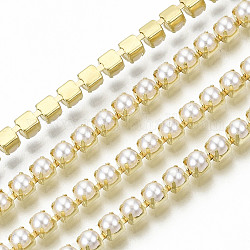 Catene di ottone artiglio, con perle di plastica imitazione perla in abs, con la bobina, oro, ss12, 3~3.2mm, circa 10iarde / rotolo (9.14m / rotolo)