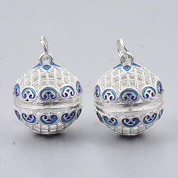Подвески из латуни, для ожерелья, с эмалью и железными кольцами, полый круглый с цветком, серебристый цвет, 21.5x18x20.5 мм, отверстие : 4 мм, внутренней меры: 15.5 мм