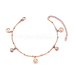 Bracelet de cheville à breloques en laiton Shegrace, avec zircone cubique et chaînes de câbles, visage de sourire, or rose, 7-1/2 pouce (19 cm)