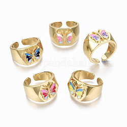(Jewelry Parties Factory Sale)Brass Enamel Cuff Rings, Open Rings, Cadmium Free & Nickel Free & Lead Free, Hexagon with Butterfly, Golden, Mixed Color, US Size 8, Inner Diameter: 18mm