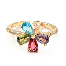Offener Ring mit bunter Zirkonia-Blume, Messingschmuck für Damen, cadmiumfrei und bleifrei, echtes 18k vergoldet, uns Größe 7 1/4 (17.5mm)