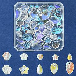 Kit de búsqueda de fabricación de joyas de diy, Incluye 50 Uds. 10 dijes y cuentas de vidrio transparente de estilo, lágrima y corazón y hoja y flor, claro ab, 7.5~18x6~13x3~7mm, agujero: 0.8~1.2 mm, 5 piezas / style