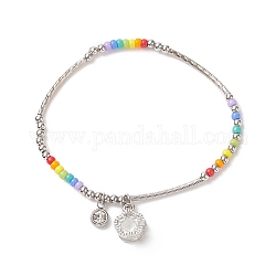 Graine de verre et 201 bracelet extensible perlé en tube incurvé en acier inoxydable, Bracelet à breloques en cristal avec strass et zircon cubique transparent pour femme, colorées, diamètre intérieur: 2-3/8 pouce (6 cm)