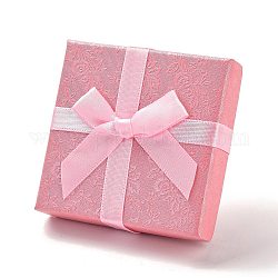 Paarring-Verpackungsboxen aus Pappe, Schmuck-Geschenketui mit Schwamm innen für Ringe, Quadrat mit rosa Schleife, rosa, 7.45x7.5x2.2~2.65 cm
