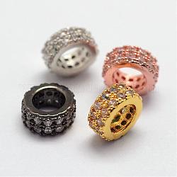 Perles européennes en laiton avec zircone cubique de micro pave, rondelle, Perles avec un grand trou   , sans plomb et sans nickel, couleur mixte, 7x3mm, Trou: 4mm