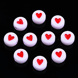 Perline acrilico opaco, con smalto, piatta e rotonda con il cuore, rosso, 7x3.5mm, Foro: 1.2 mm, circa 3600~3700pcs/500g