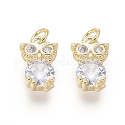 Brass Charms, with Clear Cubic Zirconia and Jump Rings, Owl, Golden, 10x6.5x3.5mm, Hole: 2.5mm
