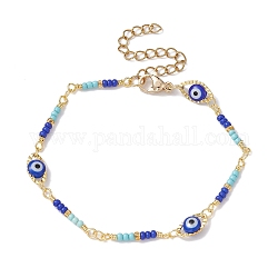 Bracelet chaîne à maillons en oeil de cheval en laiton, bracelet en verre mauvais œil et perles de graines, or, 6-7/8 pouce (17.5 cm)