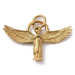 イオンメッキ304ステンレス鋼ペンダント  丸カン付き  祈りの天使のお守り  ゴールドカラー  28x44.5x7mm  穴：6.8mm