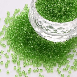 Perline cilindriche in vetro trasparente, perline semi, foro rotondo, verde, 1.5~2x1~2mm, Foro: 0.8 mm, circa 8000pcs/scatola, circa 1 libbra / borsa