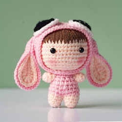 DIY Cartoon Doll Pendant Decoration Crochet Kit(without Instruction), Including Plastic Doll Eyes, Cotton Thread, Crochet Hook Needle, Knit Needle, Locking Stitch Marker, Cartoon Pattern, 12x6cm