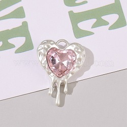 Lega charms di strass, opaco color argento, cuore, roso chiaro, 24x17mm