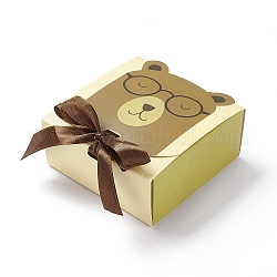 Cartoon-Karton-Papier-Geschenkbox, mit Ramdom-Farbband, Rechteck, hellgoldrutengelb, Bärenmuster, Falte: 12.9x11.5x5.1cm