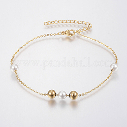 Bracelets de chaîne de câble en acier inoxydable 304 tendance, avec de l'acrylique perle des perles d'imitation, fermoirs pince de homard, ronde, or, 8-5/8 pouce (220 mm), 1.5mm