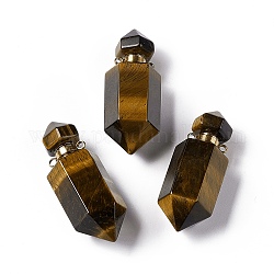 Pendentifs de bouteille de parfum en œil de tigre naturel à facettes, breloque diffuseur d'huiles essentielles, avec les accessoires en métal de ton d'or, pour la fabrication de bijoux, 42~45x16~17x16~17mm, Trou: 2mm