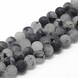 Naturale nero rutilato perle di quarzo fili, smerigliato, tondo, 8~9mm, Foro: 1 mm, circa 45~48pcs/filo, 15.7 pollice