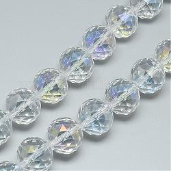 Chapelets de perles en verre électroplaqué, de couleur plaquée ab , facette, ronde, clair, 13~14x13~14mm, Trou: 1.5mm, Environ 50 pcs/chapelet, 26 pouce