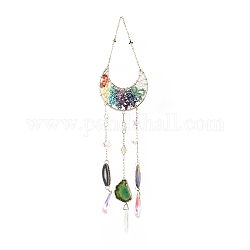Gemstone Chips Beaded Moon Hanging Sun Catchers, with Glass Teardrop & Star and Natural Agate, with Iron Findings, 430mm