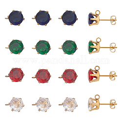 Unicraftale 8Pcs 4 Color Ion Plating(IP) 304 Stainless Steel Stud Earring Findings, with Cubic Zirconia & Vertical Loops, Flat Round, with 8Pcs Ear Nuts, Mixed Color, 10.5x8mm, Hole: 1.8mm, Pin: 1mm, 2Pcs/color