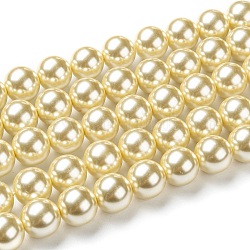 Umweltfreundliche runde Perlenstränge aus gefärbtem Glasperlen, Klasse A, Baumwollkordel Gewinde, blass Goldrute, 14 mm, Bohrung: 0.7~1.1 mm, ca. 30 Stk. / Strang, 15 Zoll