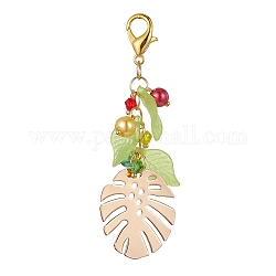 Iron Monstera Leaf Pendant Decoration, with Glass Leaf and Alloy Clasp, Golden, 75mm