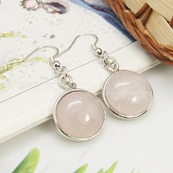 Fashion Natural Rose Quartz Earrings, with Brass Earring Hooks, Half Round/Dome, 44~45x18~19mm, Pin: 0.6mm