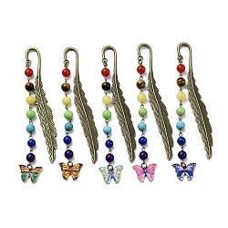 Butterfly Alloy Enamel Pendant Bookmark with Chakra Gemstone Bead, Alloy Feather Bookmarks, Mixed Color, 140x14.5x3.5mm