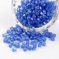 Lustre couleurs transparentes perle 6/0 cube trous ronds plaqué perles de rocaille en verre, bleu royal, 3.5~4x2.5~3mm, Trou: 0.5mm, environ 5500 pcs/450 g