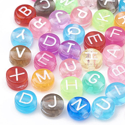 Transparent Acrylic Beads, Horizontal Hole, Mixed Letters, Flat Round, Mixed Color, 7x4mm, Hole: 1.5mm, about 3700pcs/500g