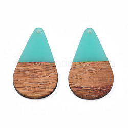 Transparent Resin & Walnut Wood Pendants, Teardrop Shape Charm, Turquoise, 38x22x3mm, Hole: 2mm