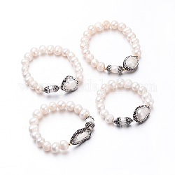Braccialetti di stirata perla rotonda, con i risultati strass e ottone, colore misto, 45~54mm, perline perla: 9~11 mm di spessore
