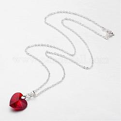 Стеклянные подвески ожерелья, с медными цепями, граненое сердце, серебристый цвет, красные, 17.7 дюйм