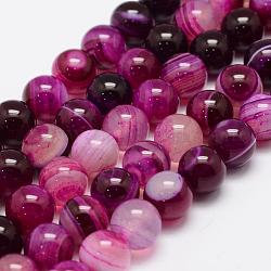 Chapelets de perles en agate rayée naturelle/agate à bandes, ronde, Grade a, teints et chauffée, rose foncé, 10mm, Trou: 1mm, Environ 37~38 pcs/chapelet, 14.5 pouce