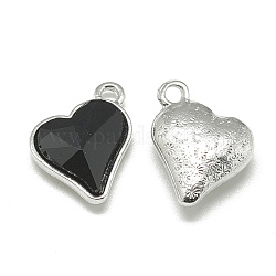 Colgantes de cristal de aleación, facetados, corazón, Platino, negro, 17x15x5mm, agujero: 1.5 mm