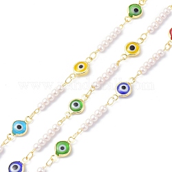 Evil Eye Glass & Brass & ABS Imitation Pearl Handmade Beaded Chains, Long-Lasting Plated, Soldered, with Spool, Colorful, 13~17x3~6.5x2.5~3mm, about 10.93 yards(10m)/roll