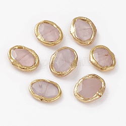 Perles de quartz rose naturel, avec les accessoires en laiton dorés, plat rond, 20.2~22.4x25~28.3x5.5~8.2mm, Trou: 0.5~0.8mm