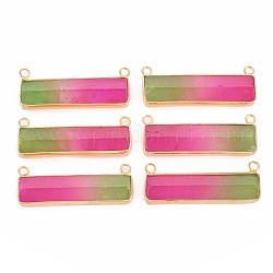 Breloques de connecteur en cristal de quartz naturel, avec boucles en laiton plaqué or clair, teinte, rectangle, rose foncé, 16.5x43x6mm, Trou: 2mm