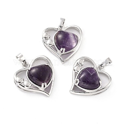 Natural Amethyst Pendants, with Platinum Tone Brass Findings, Cadmium Free & Lead Free, Heart, Valentine's Day, 28x26x5mm, Hole: 8x5mm