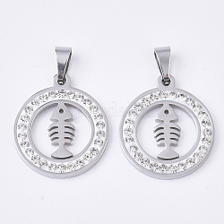 201 Stainless Steel Pendants, with Random Size Snap On Bails and Polymer Clay Crystal Rhinestones, Flat Round with Fishbone Shape, Stainless Steel Color, 23x20x2.5mm, Hole: 8~10x3~5mm