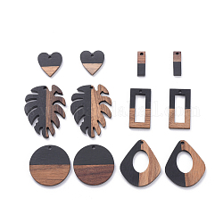 Resin & Walnut Wood Pendants, Tropical Leaf Charms, Flat Round & teardrop, & Rectangle & Heart & Monstera Leaf, Black, 12pcs/set