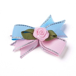 Polyester Brooch, with Iron Findings, Bowknot with Flower, Blue, 50~53x47~48mm