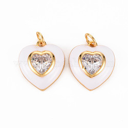 Brass Enamel Pendants, with Clear Cubic Zirconia and Jump Ring, Nickel Free, Golden, Heart, White, 17.5x15.5x4.5mm, Hole: 3.5mm